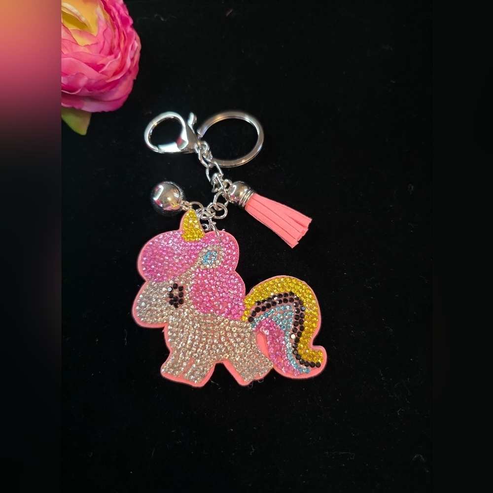Sparkly Rhinestone Unicorn Pony Bag Charm /  Keychain with Tassel